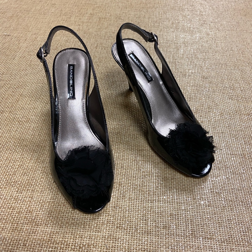 Black patent leather open toe heels, size 7.5